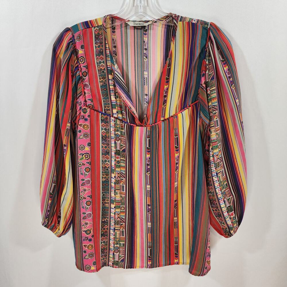Tucker 100% silk brightly colored striped & geometric v-neck blouse woman size L